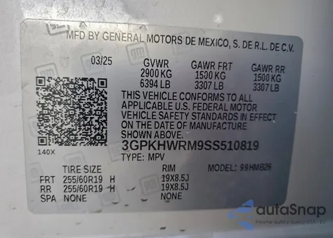 2025 Honda Prologue Tour из США, поврежденный, VIN 3GPKHWRM9SS510819